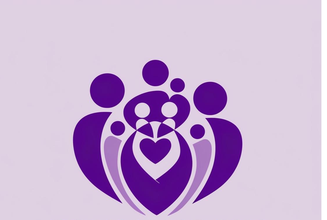 A stylized purple and lavender graphic of a family with three adults, two children, and a baby, with hearts integrated into the design.