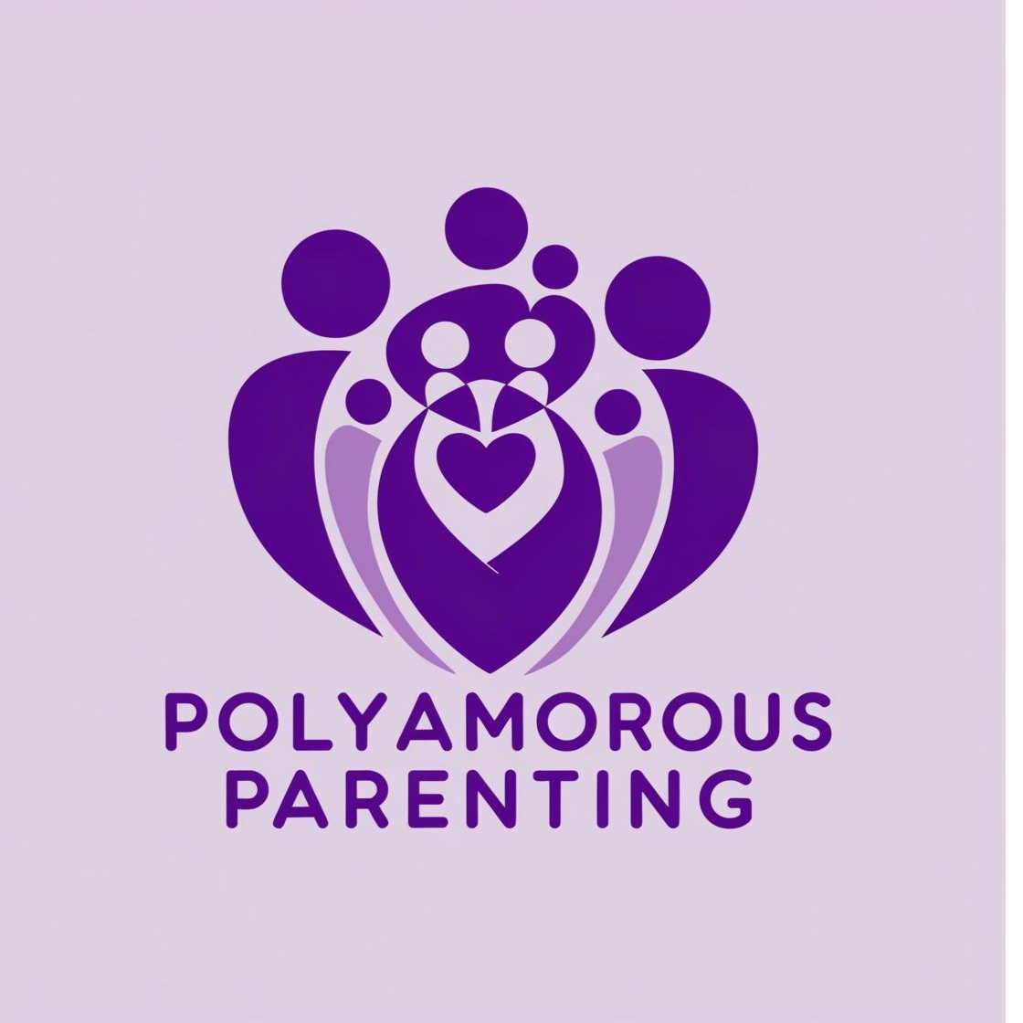 A stylized purple graphic of multiple hearts and circles representing a community or family, with the words "Polyamorous Parenting" written below.