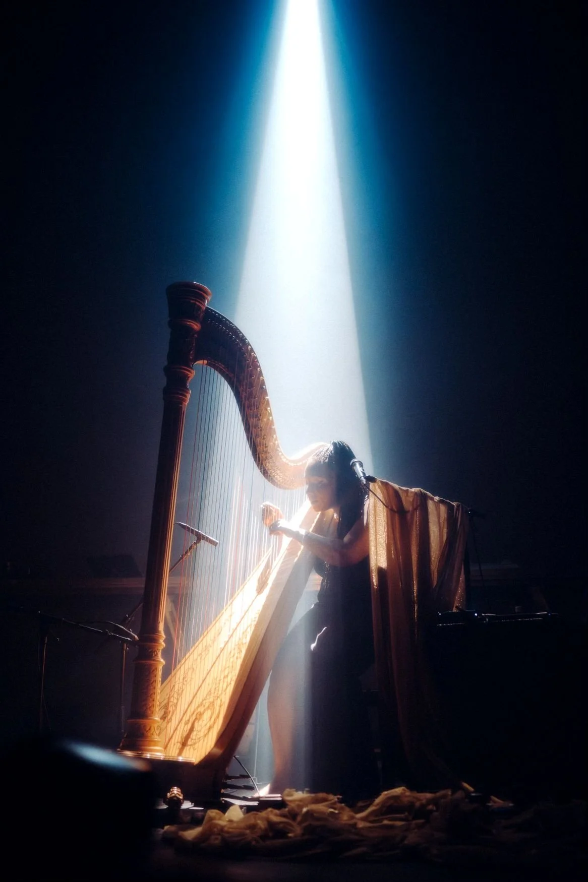 A woman playing a harp on stage with a beam of light shining down on her.