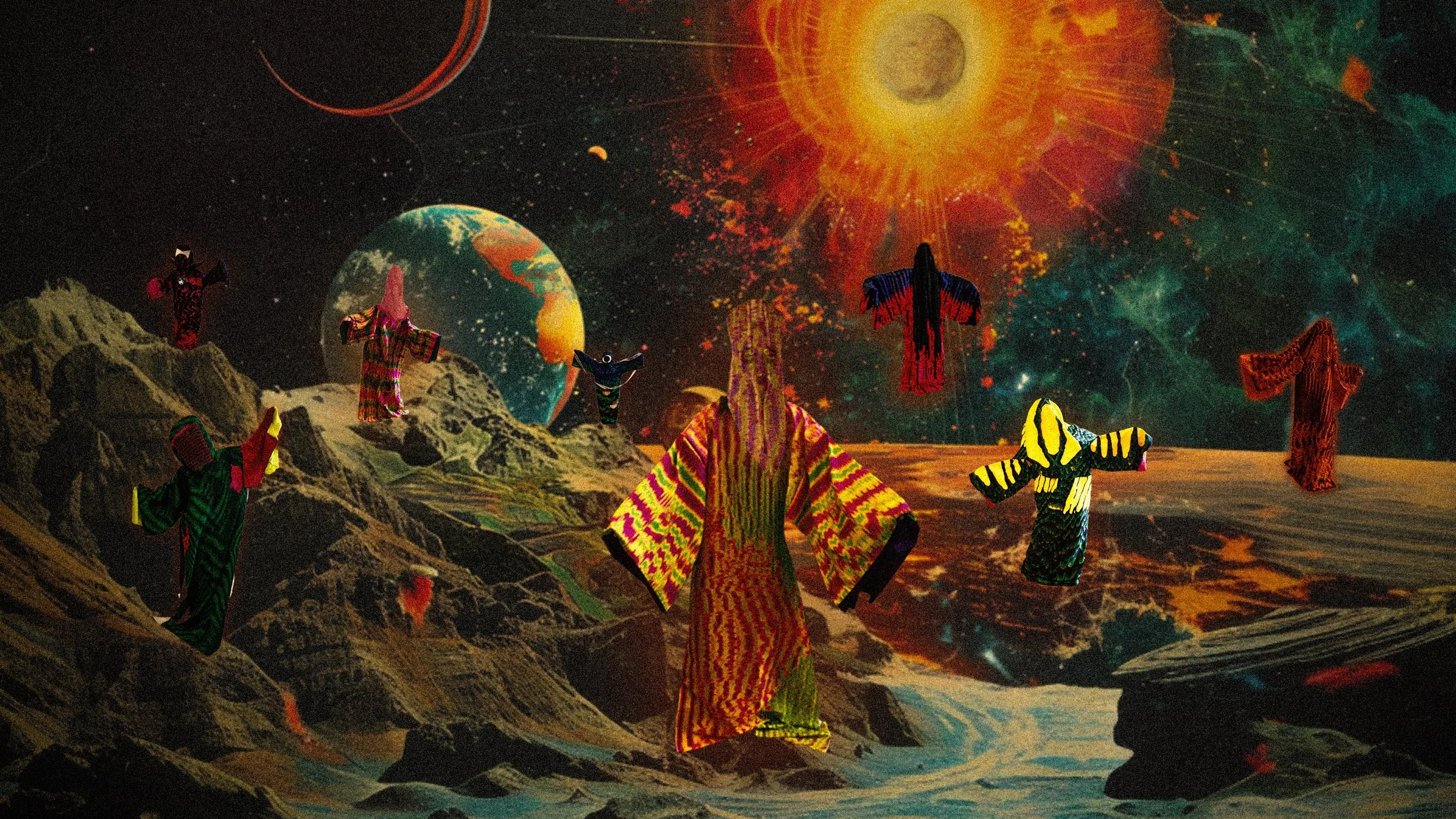 Sun Atlas Colorful figures dressed in vibrant, patterned garments standing on a rocky terrain with a cosmic backdrop featuring planets, stars, Earth, and a large glowing sun.