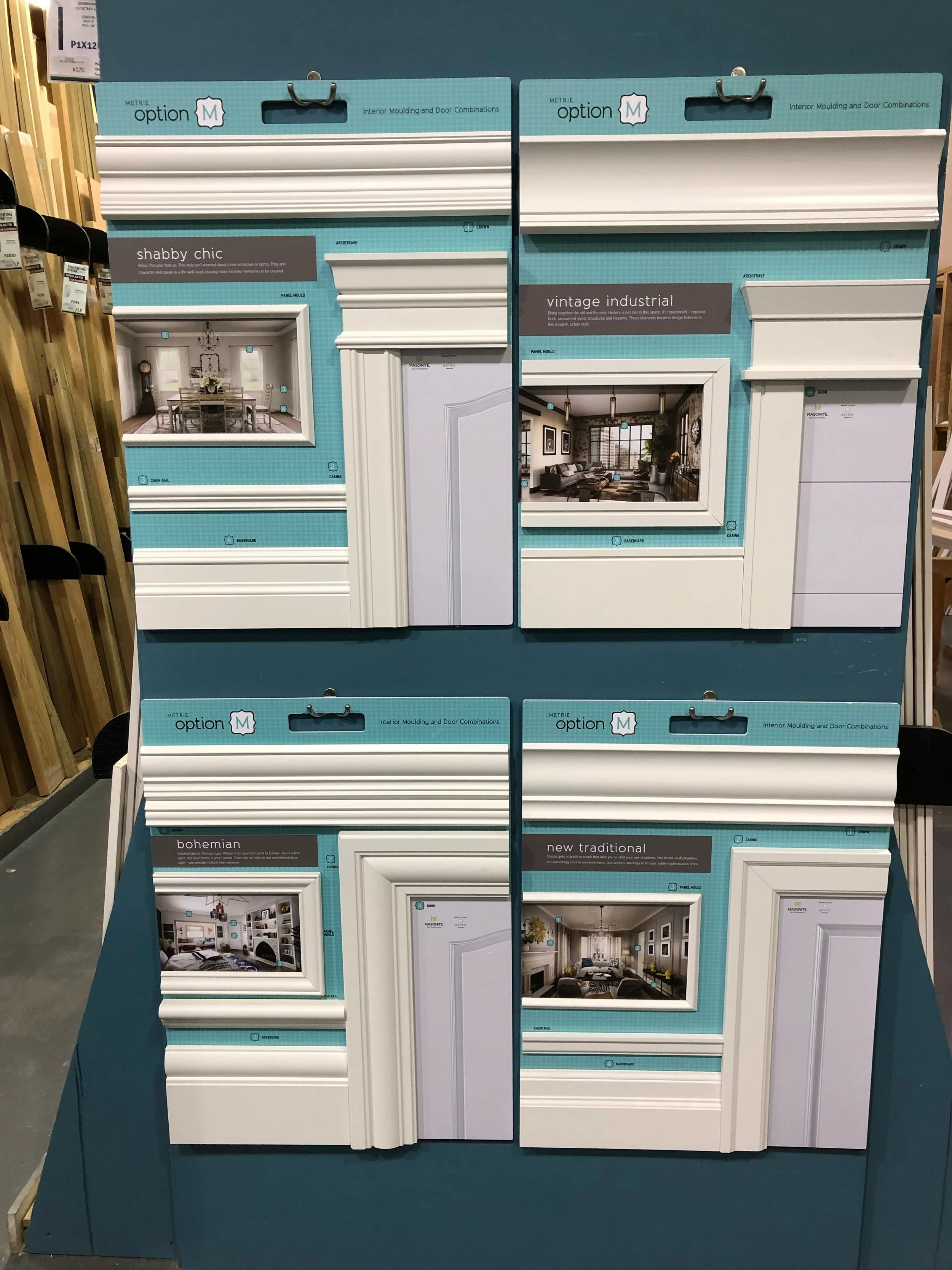 Display board with various interior molding and door options, including classic, vintage industrial, bohemian, and new traditional styles, with sample photo thumbnails of room interiors featuring these moldings and doors.