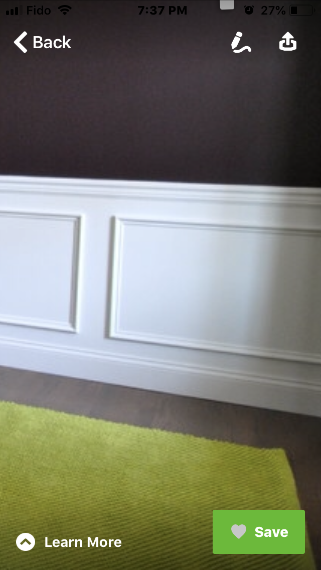 Close-up of a wall with white paneled wainscoting, dark-colored wall above, and a green rug on the floor.