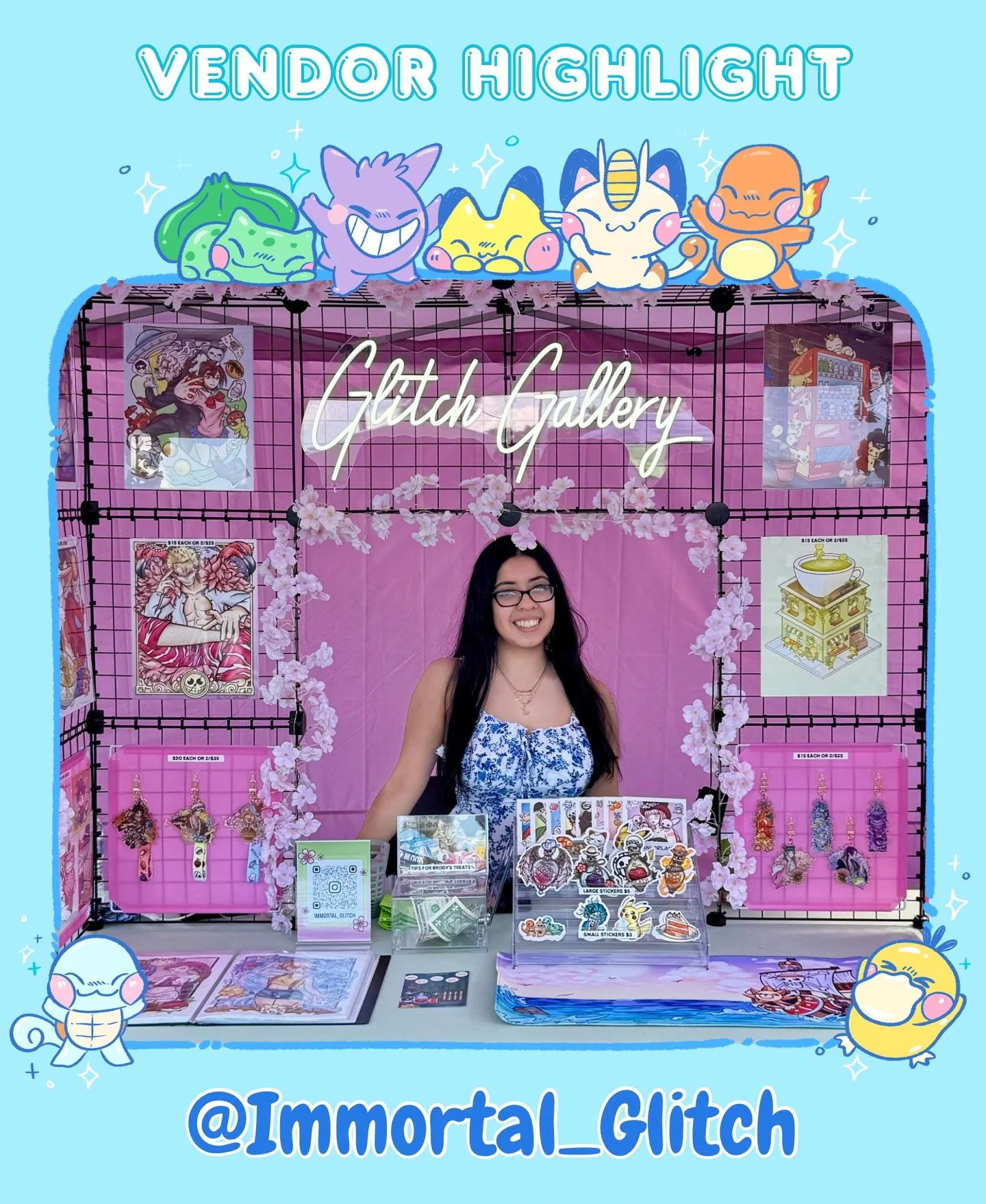 MEET OUR VENDORS: @Immortal_Glitch 🌸✨ Booth No. 5
⁡
𝗪𝗵𝗮𝘁 𝗱𝗼 𝘆𝗼𝘂 𝘀𝗲𝗹𝗹?:
⁡
We provide a variety of art prints, keychains, lanyards, stickers, and desk mats for an audience into anime, Pokemon, video games, trinkets, and so much more!! 
⁡

