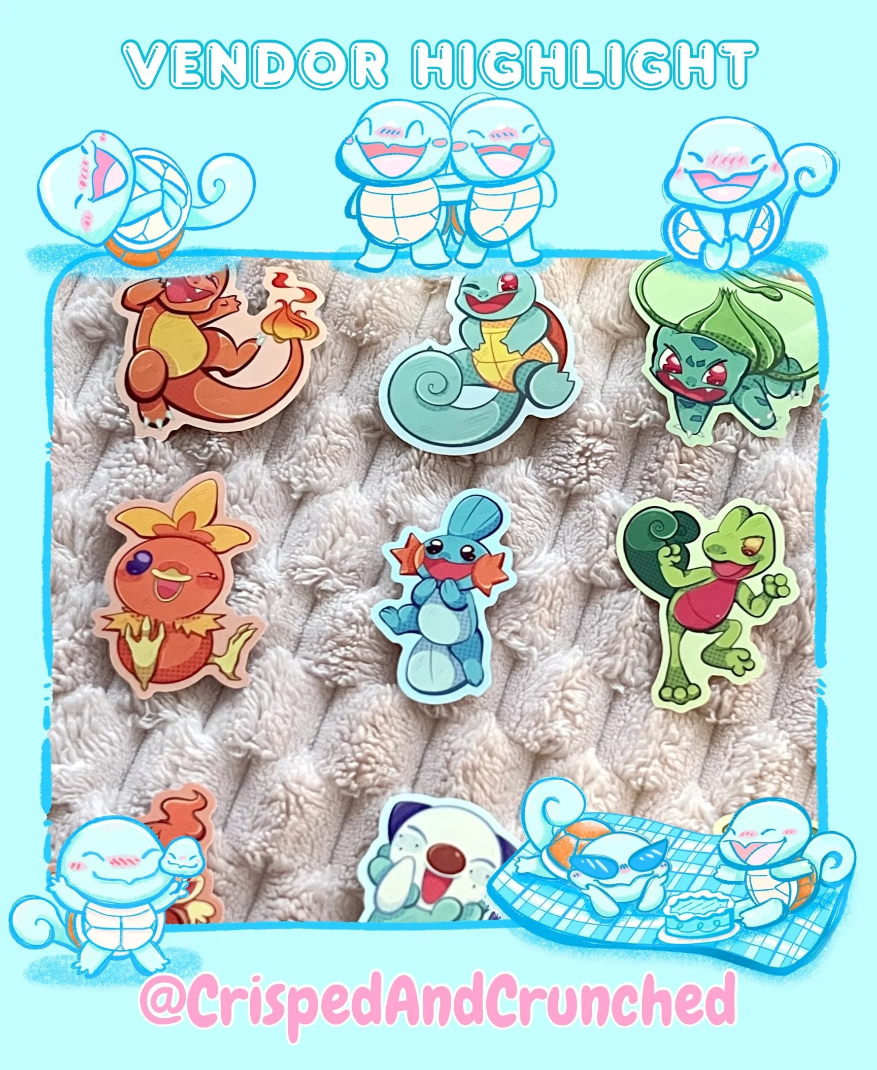 MEET OUR VENDORS: @crispedandcrunched 🧇💕
⁡
🩵 𝗪𝗵𝗮𝘁 𝗱𝗼 𝘆𝗼𝘂 𝘀𝗲𝗹𝗹? 🩵
⁡
CrispedAndCrunched sells a variety of keychains, stickers, buttons, and more from many fandoms and media! These include shows like Jujutsu Kaisen, Delicious in Dungeo