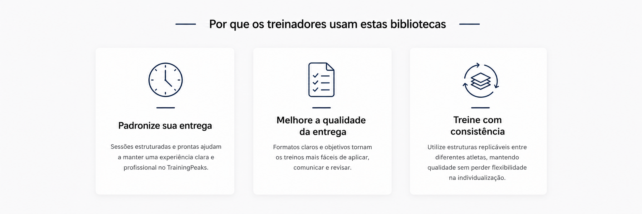 Three columns of infographic titled 'Por que os treinadores usam estas bibliotecas' with icons and text in Portuguese about training benefits. The first shows a clock with text about standardizing delivery. The second has a checklist with text about improving quality of delivery. The third displays a layered circles icon with text about training with consistency.