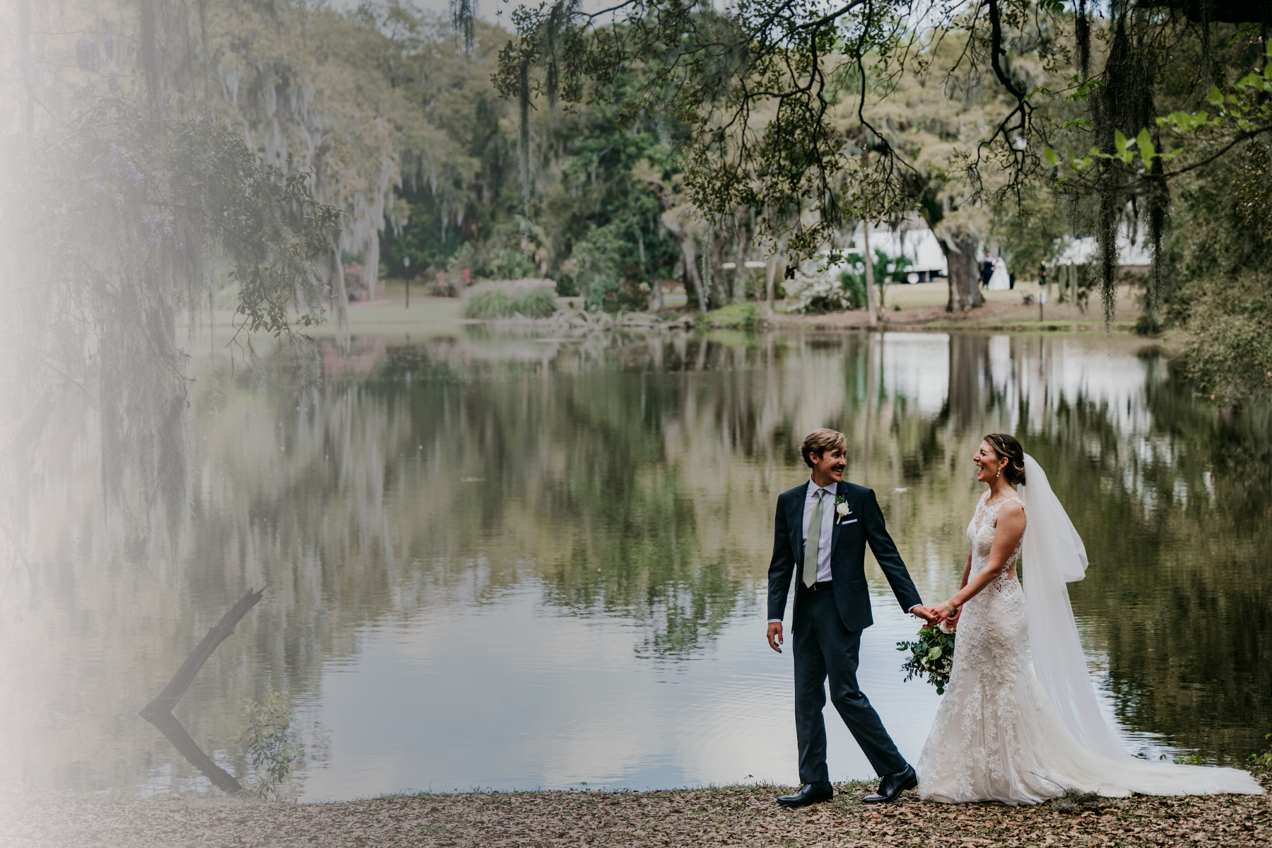 bride and groom walking hand in hand at Legare Waring House