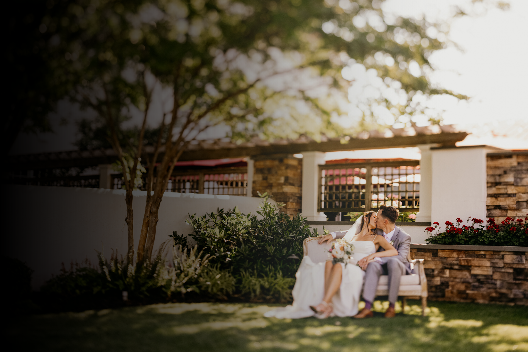 a bride and grooms couple photo in the grand garden at normandy farm hotel