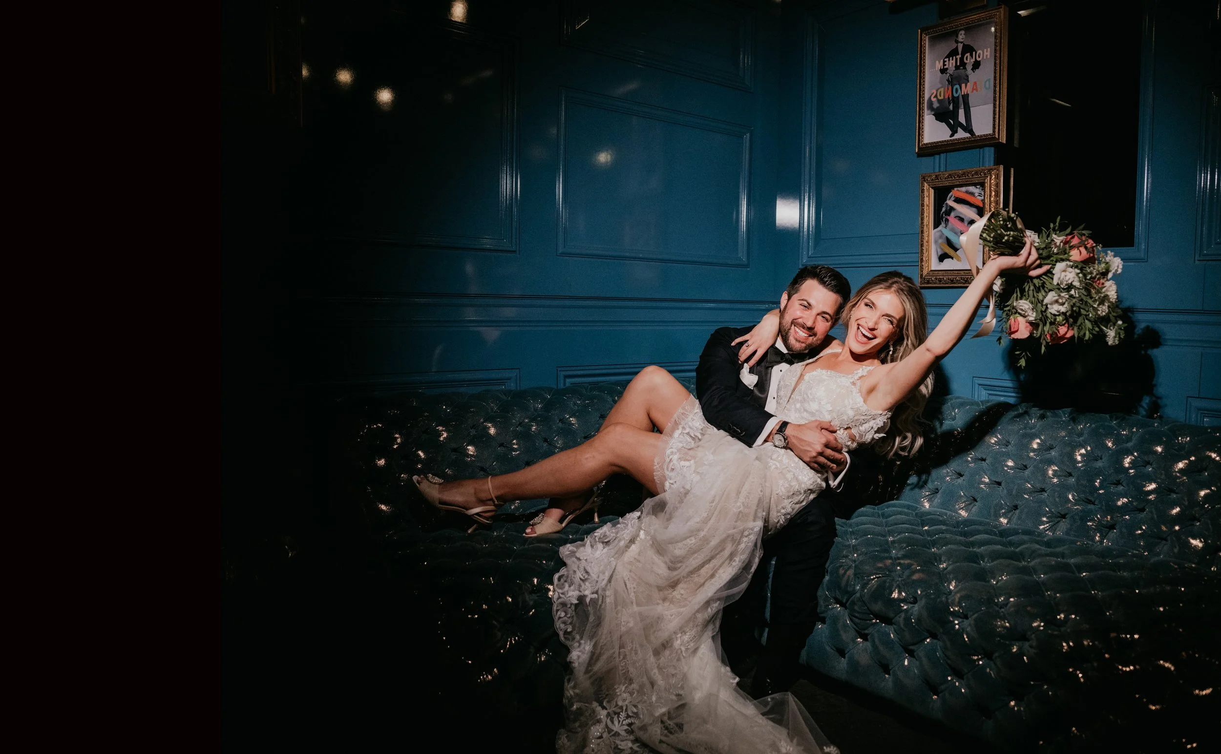 bride and groom pose for a black and white wedding photo at The W Hotel in Philadelphia by Tyler Boye