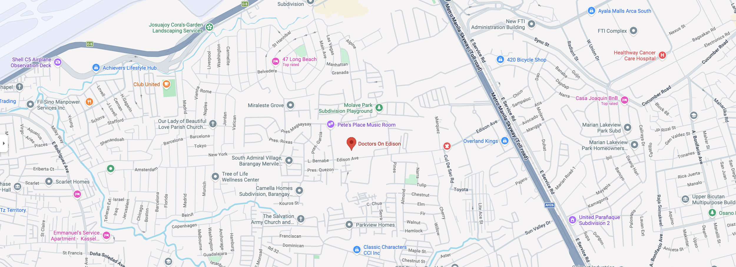 Map showing streets, landmarks, and businesses including Doctors On Edison, Achievers Lifestyle Hub, and Healthway Cancer Care Hospital in a suburban area.