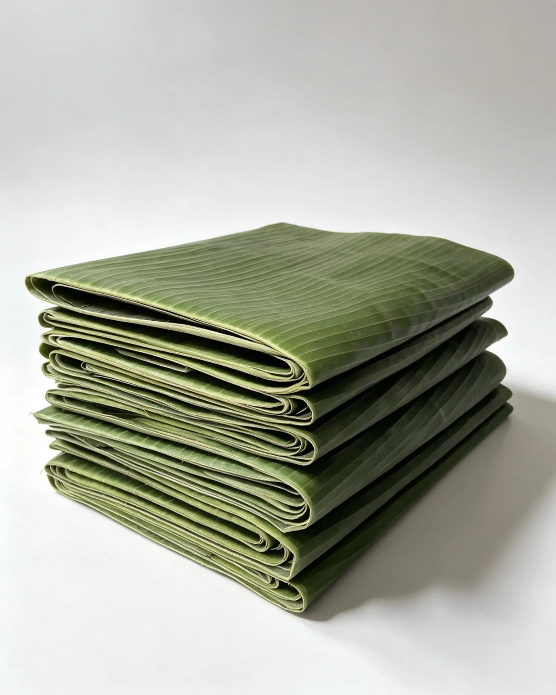 Stack of folded green leaves on a white surface.