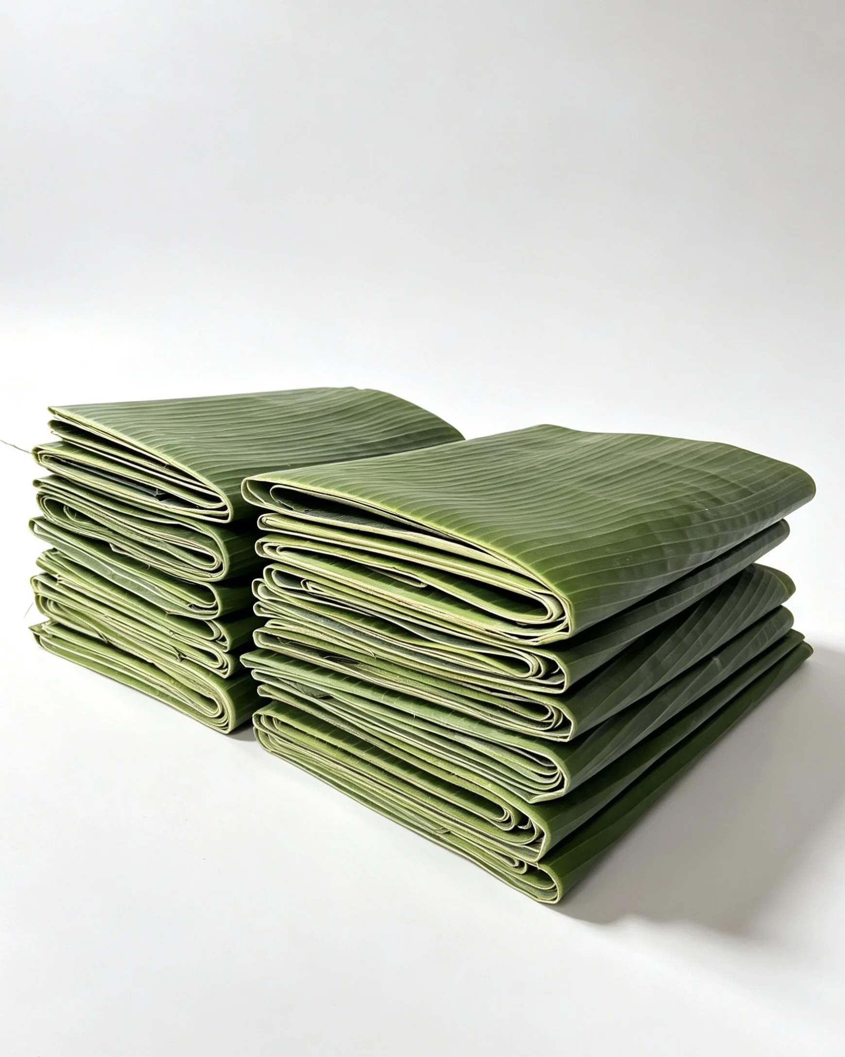 Stack of folded green banana leaves on a white surface.