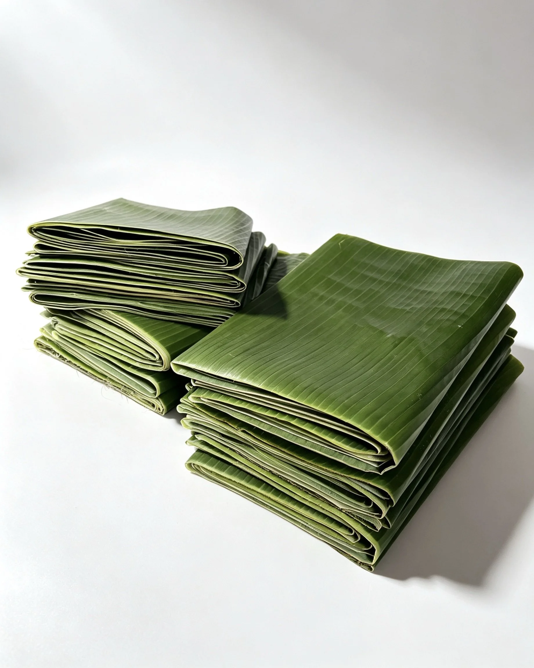 Stack of folded banana leaves placed on a white surface with a plain white background.