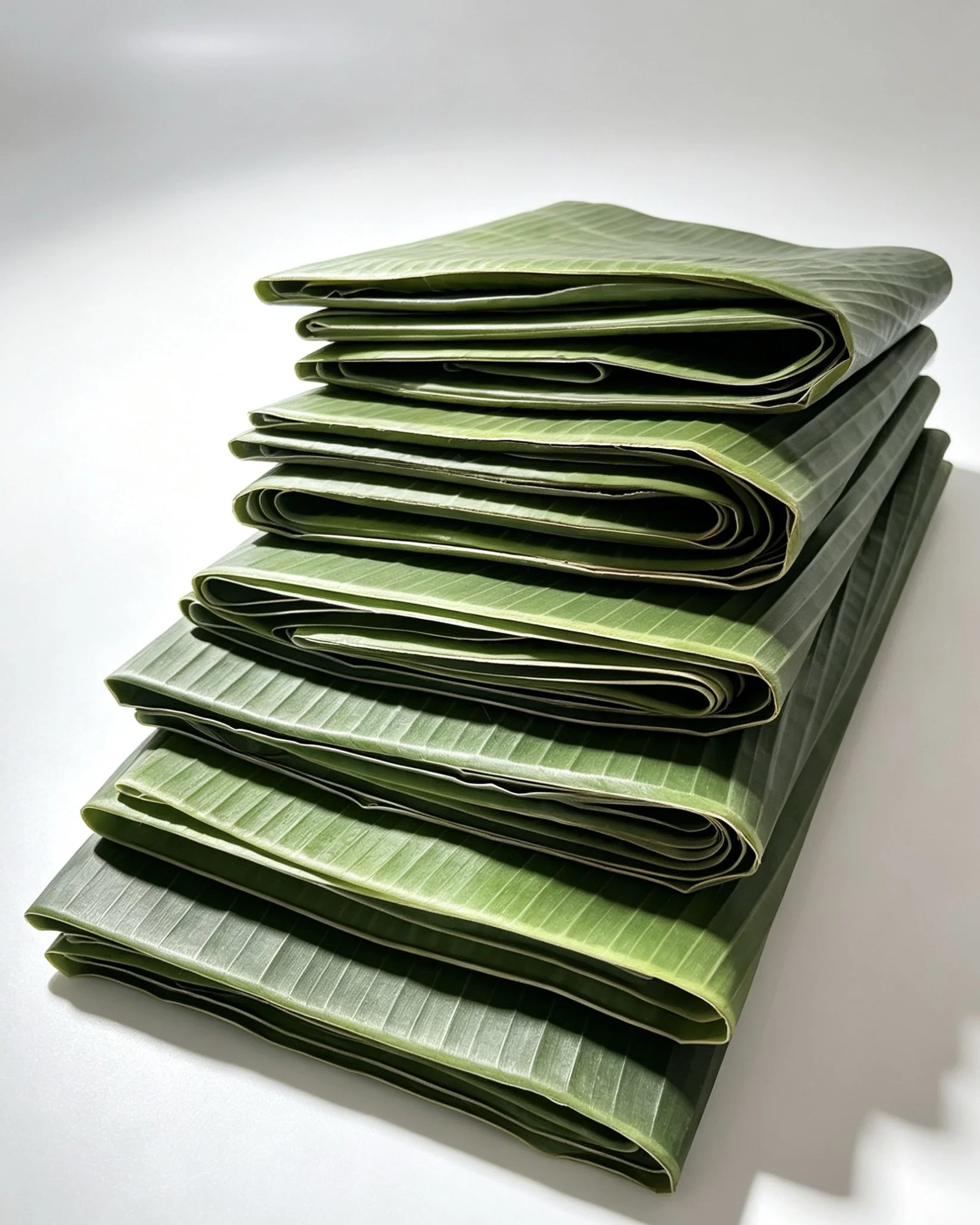 Stack of folded banana leaves on a white surface.
