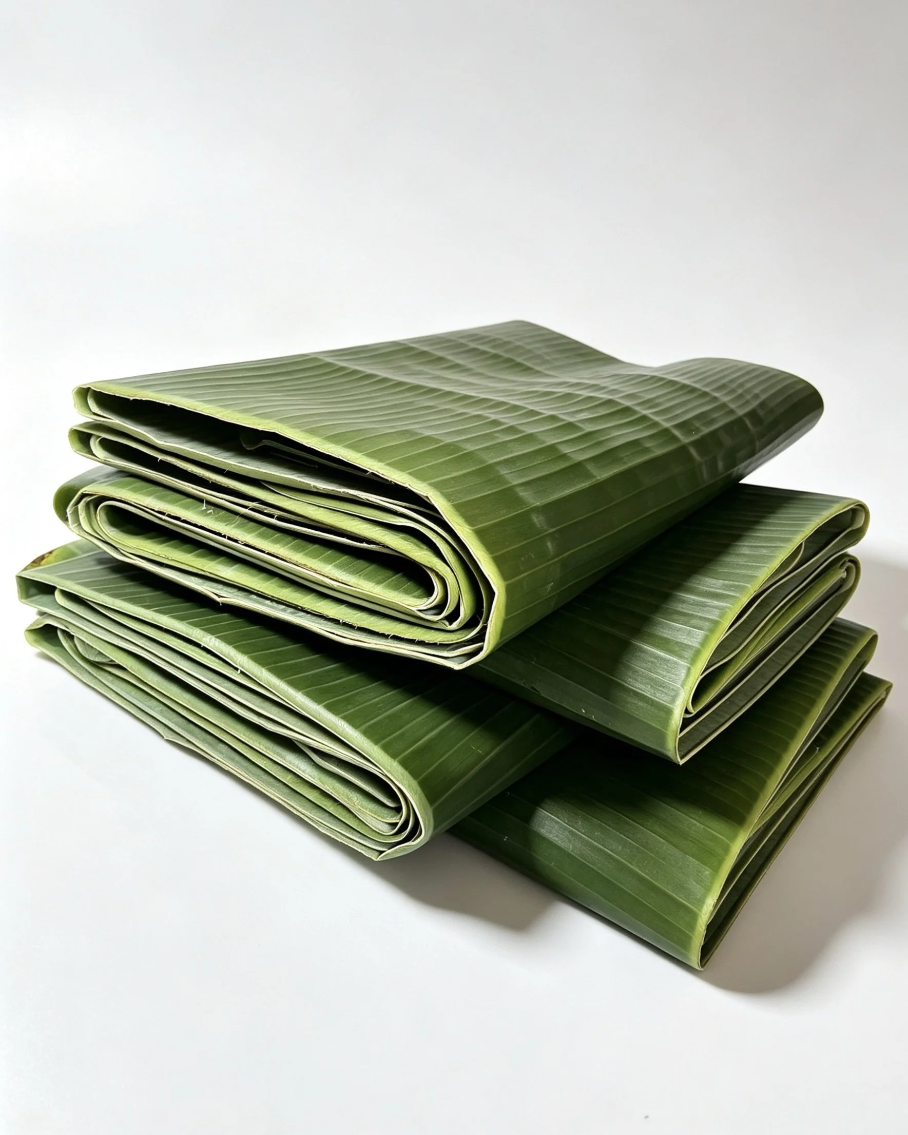 A stack of folded green banana leaves on a white surface with a plain white background.