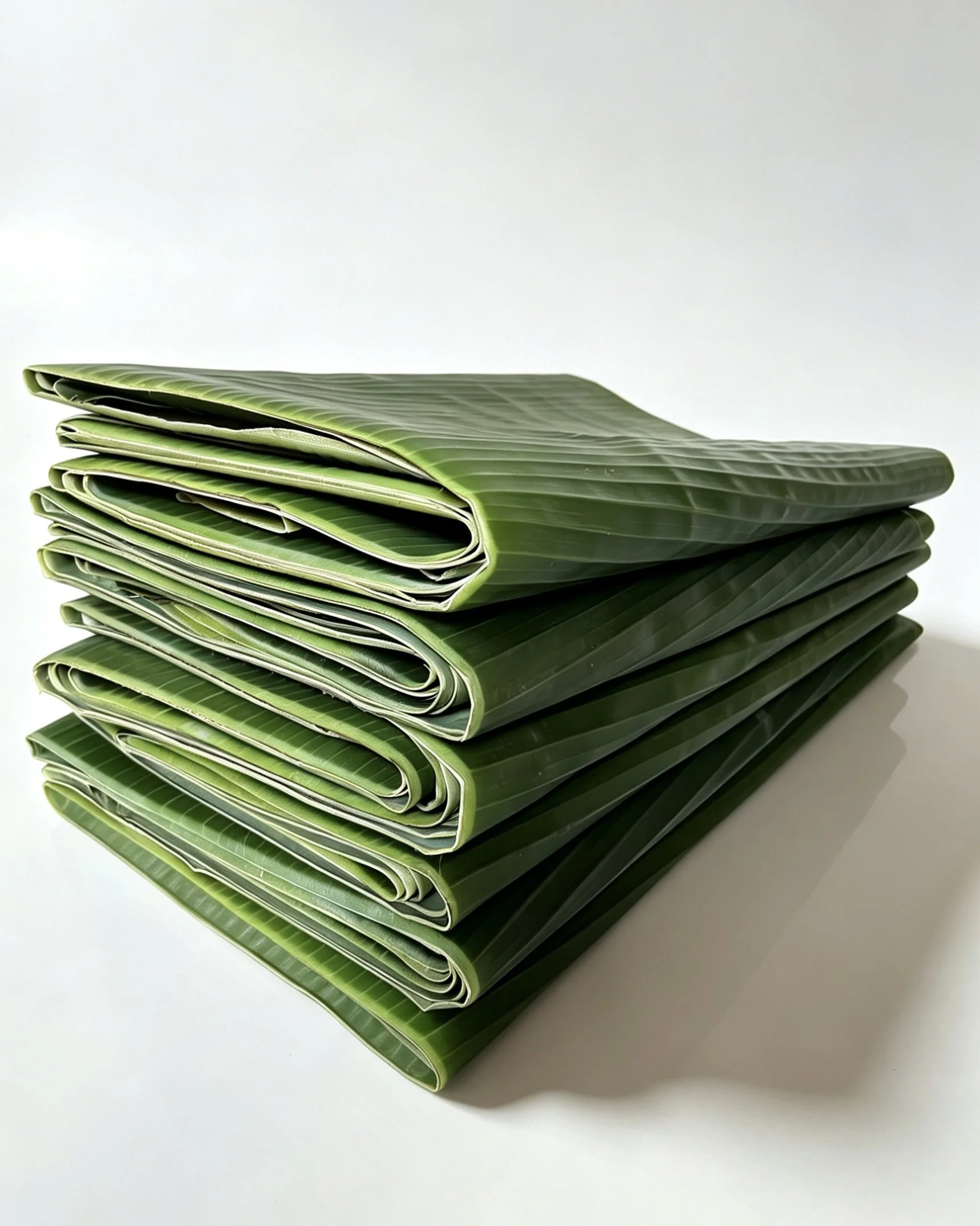 Stack of green banana leaves folded neatly on a white surface.