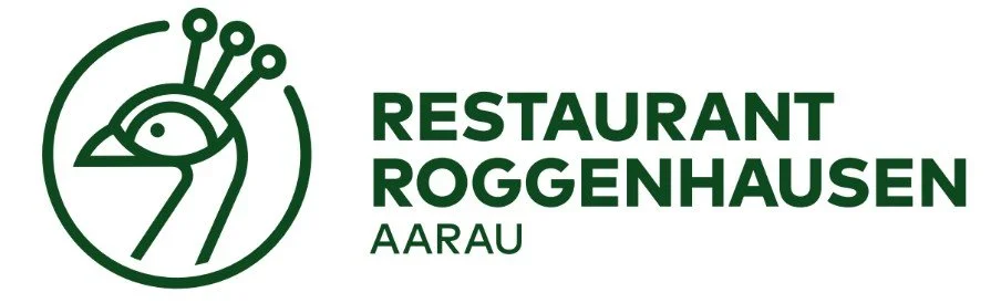 Logo des Restaurants Roggenhausen in Aarau mit einem stilisierten Pfau in grüner Linie
