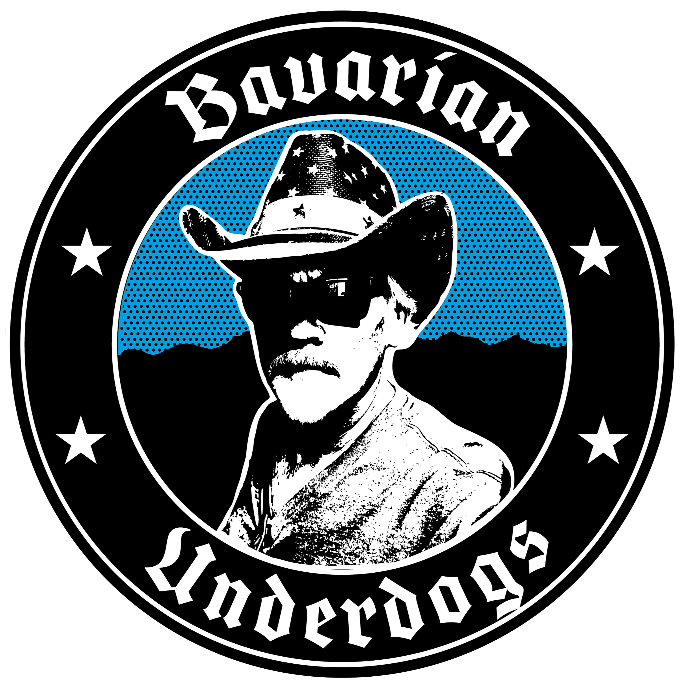 Grafische Darstellung eines Mannes in Cowboy-Kleidung mit Hut vor einem schwarzen Hintergrund, mit weißen und blauen Elementen und umgeben von Sternen, textlich umrandet mit einer kreisförmigen Anordnung.