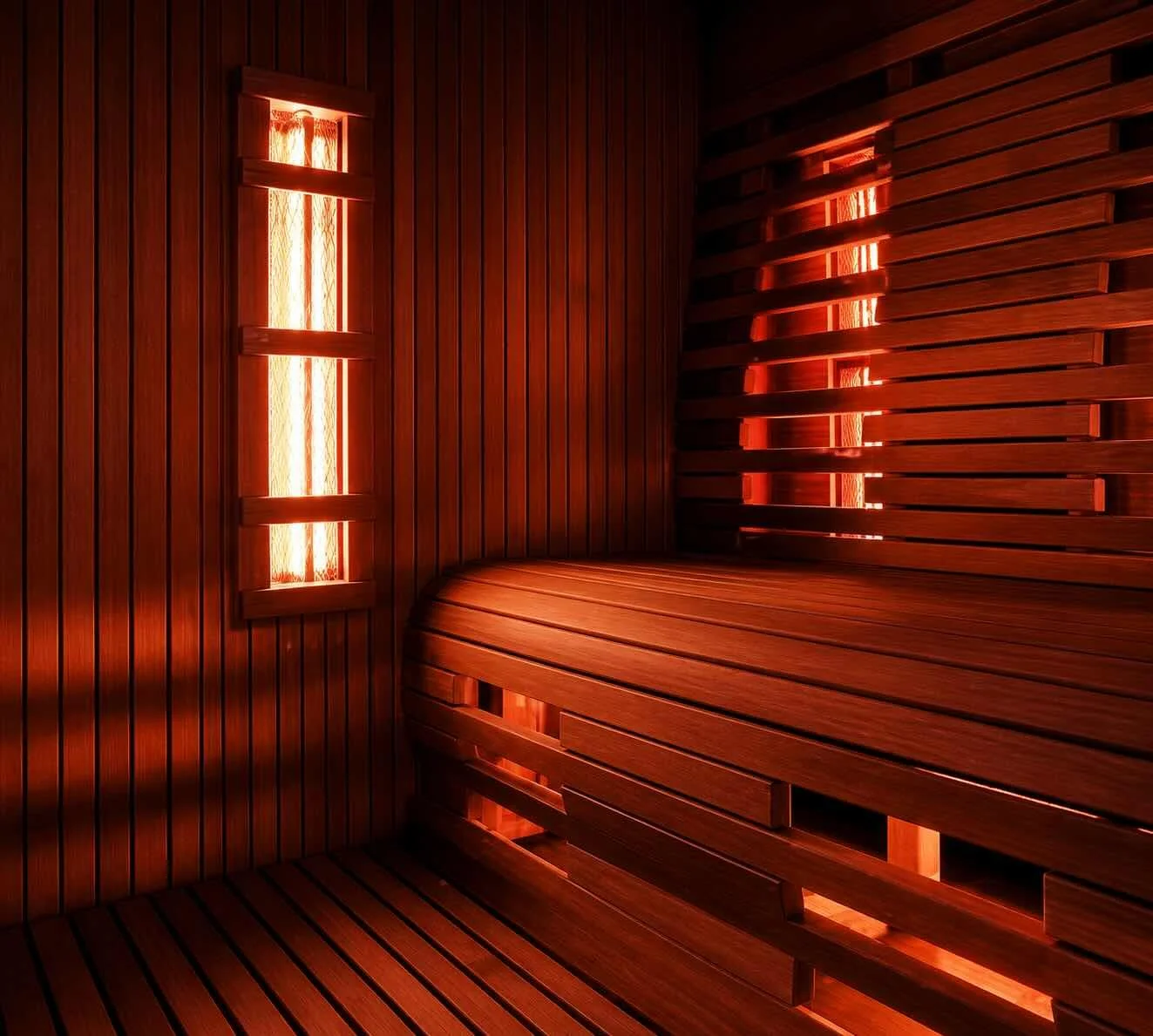 Interior of a wooden sauna with wooden benches and vertical slats, illuminated by red lighting.