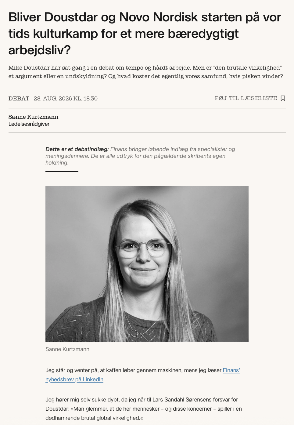 Bliver Doustdar og Novo Nordisk vor tids kulturkamp for et mere bæredygtigt arbejdsliv?