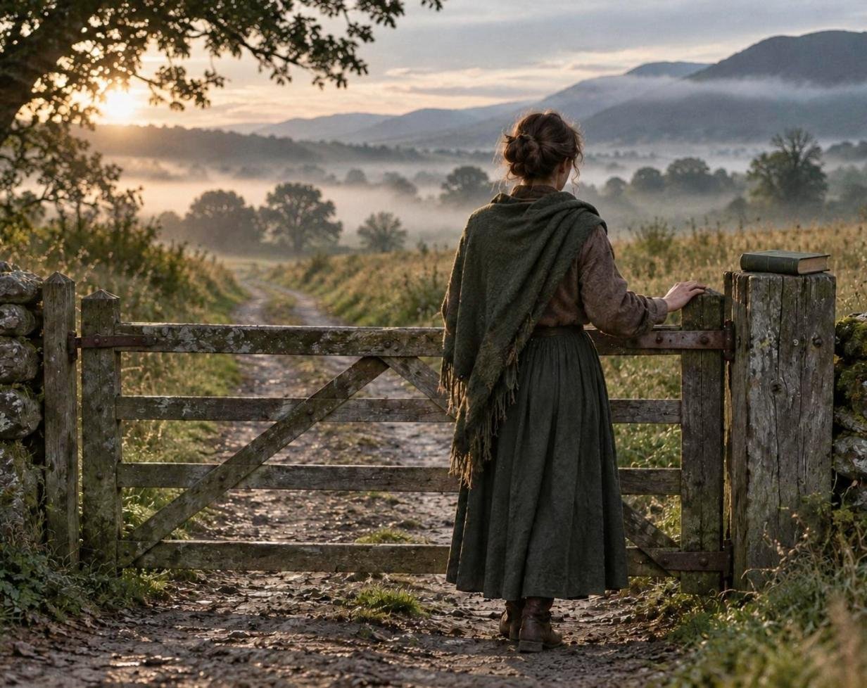 A woman in a green shawl rests her hand on an old timber farm gate at dawn, a closed book on the gatepost and a misty track running out to the hills. The Pulse No. 4, Chapter Gate.
