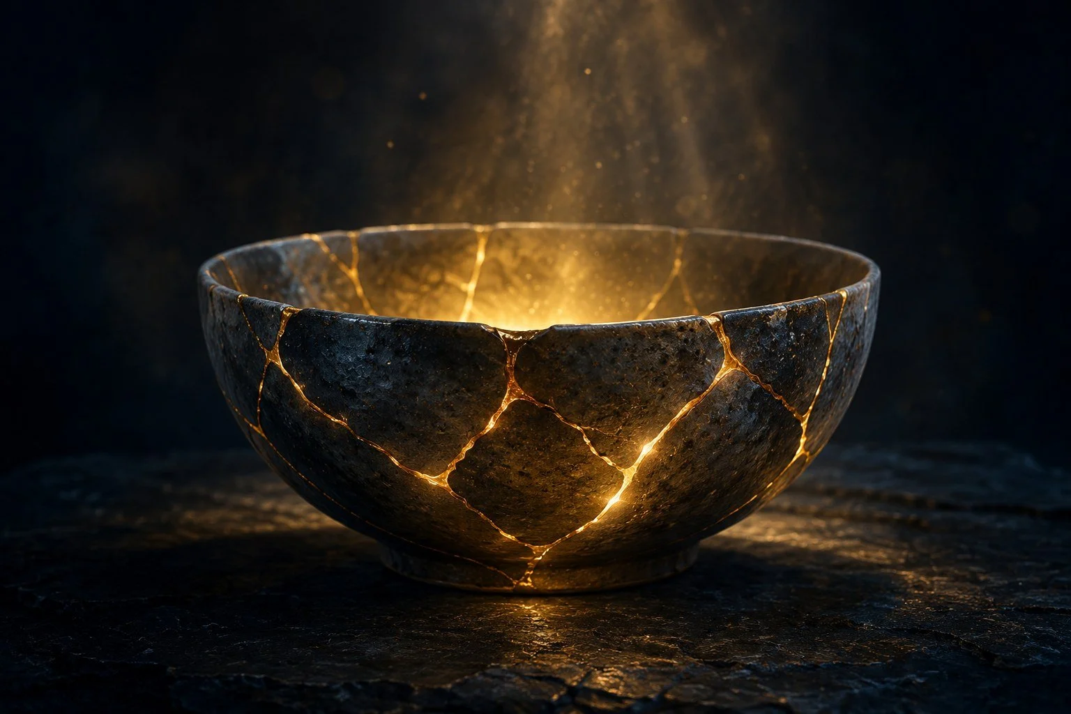 A cracked stone bowl repaired with veins of glowing gold in the Japanese kintsugi style, on a dark background.