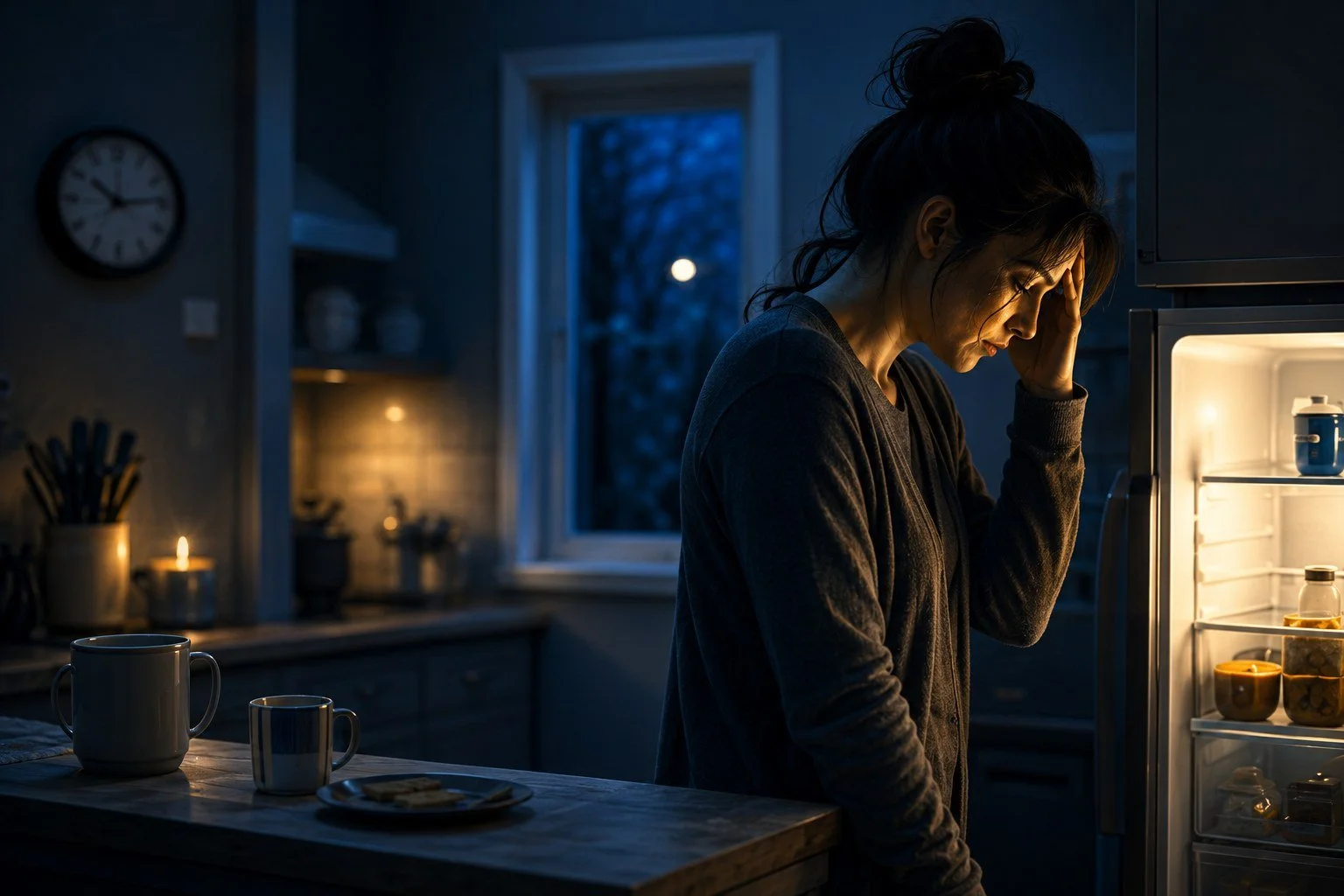 Woman standing in front of an open fridge, looking uncertain about what to eat while experiencing symptoms associated with tick bite syndrome, including headache and food aversion.
