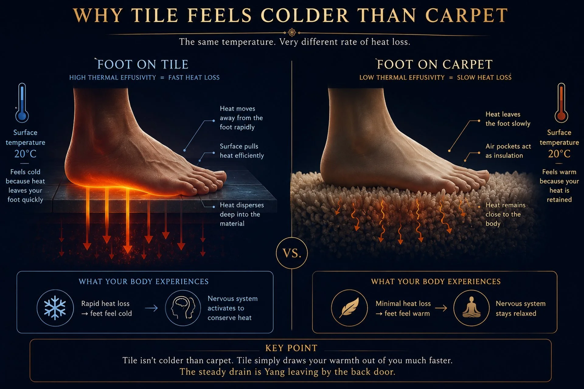 Infographic comparing bare feet on tile versus carpet at the same temperature: tile draws heat away fast and alerts the nervous system, while carpet retains warmth and keeps the body relaxed.