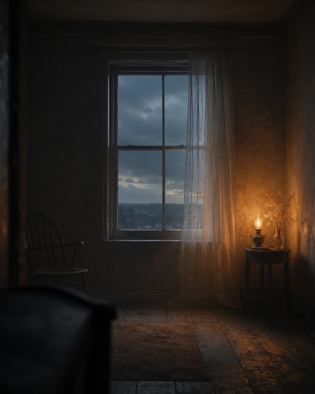 A quiet room with a chair, lamp and soft window light, illustrating the emotional weather rooms hold