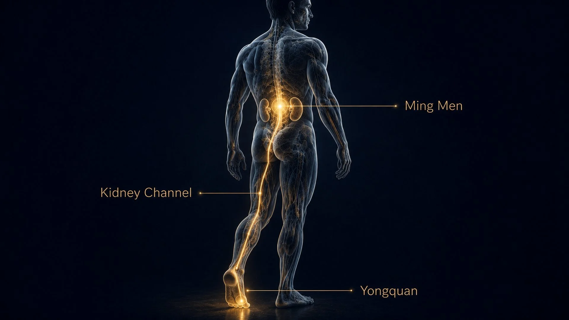 Anatomical figure in glowing gold on indigo showing the Kidney Channel rising from Yongquan (KI-1) on the sole of the foot to Ming Men (DU-4) on the lower back.
