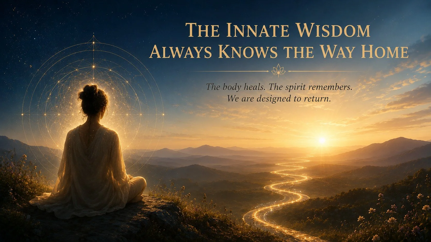 A person sitting in meditation at sunrise on a hillside, looking out over a valley with a winding golden path.