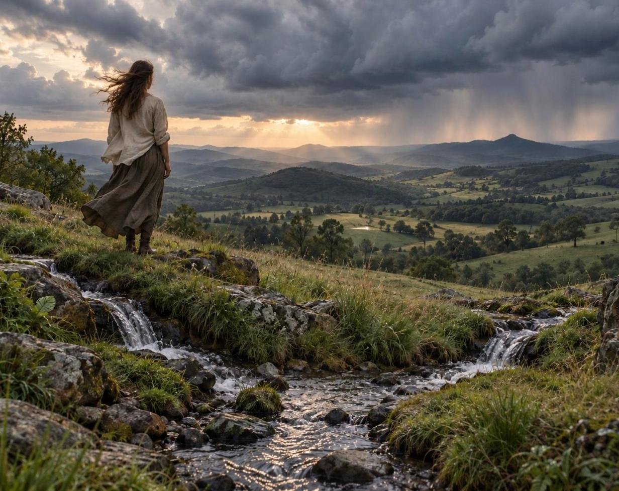 A woman stands on a grassy hillside above a small spring, looking out over green hills and valleys as a storm gathers and rain falls in the distance. The Pulse No. 3, two springs before the storm.