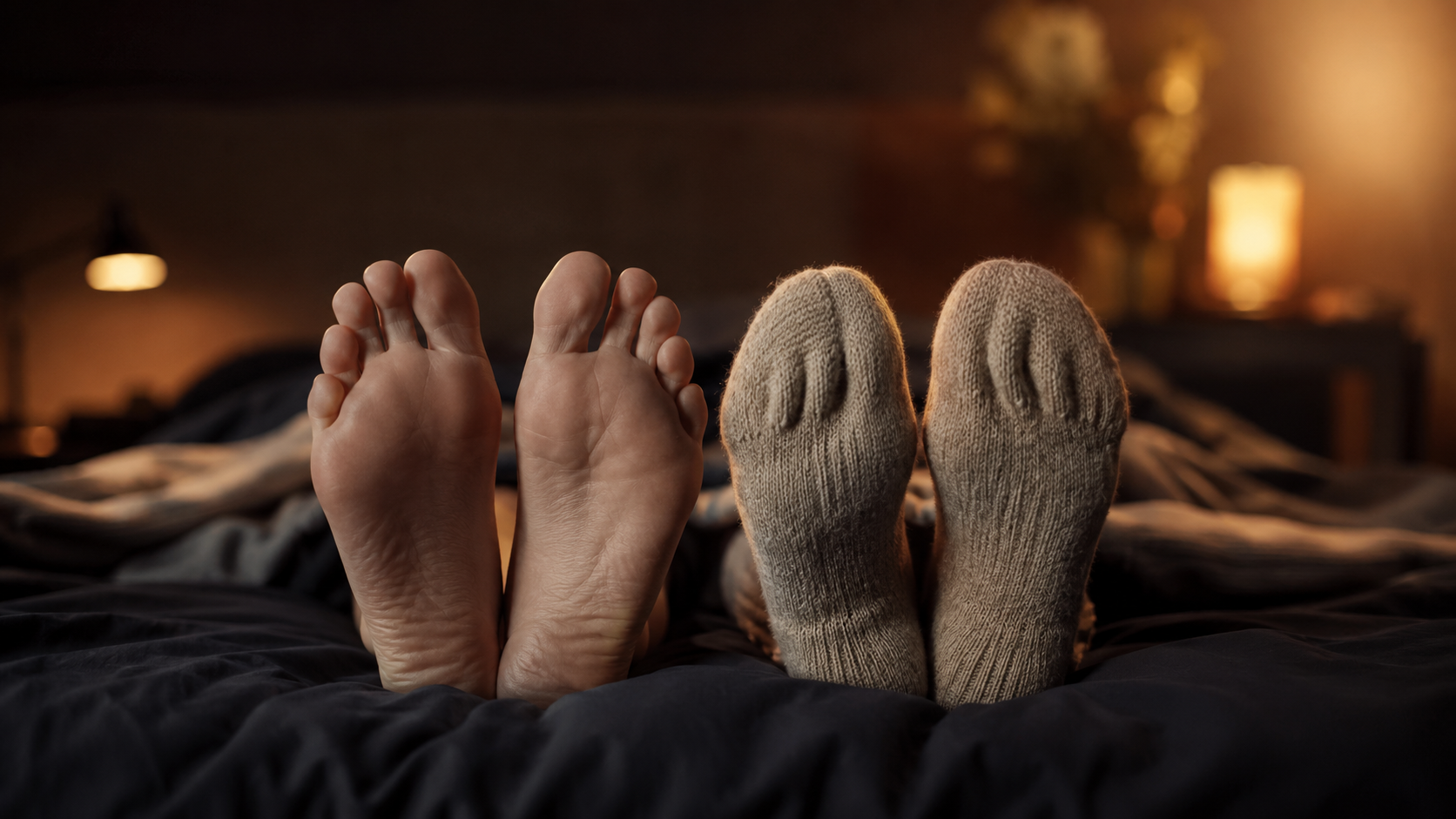Two pairs of feet resting on a bed, one bare and one in warm wool socks, illustrating the study linking cold feet, warmth and the body's fear response.