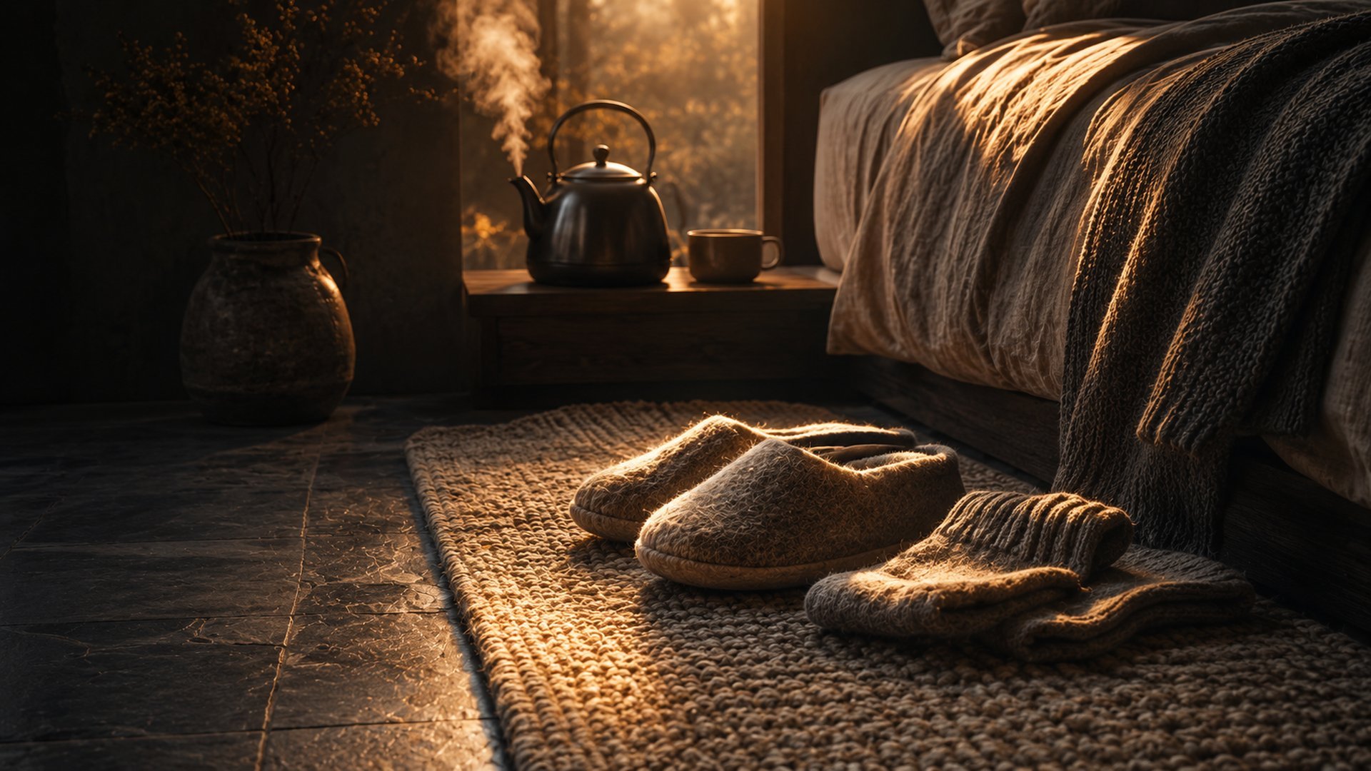Kettle and jug steaming at dusk beside a woven rug, knitted blanket and slippers on a tiled floor, inviting you to slow down and warm your feet.