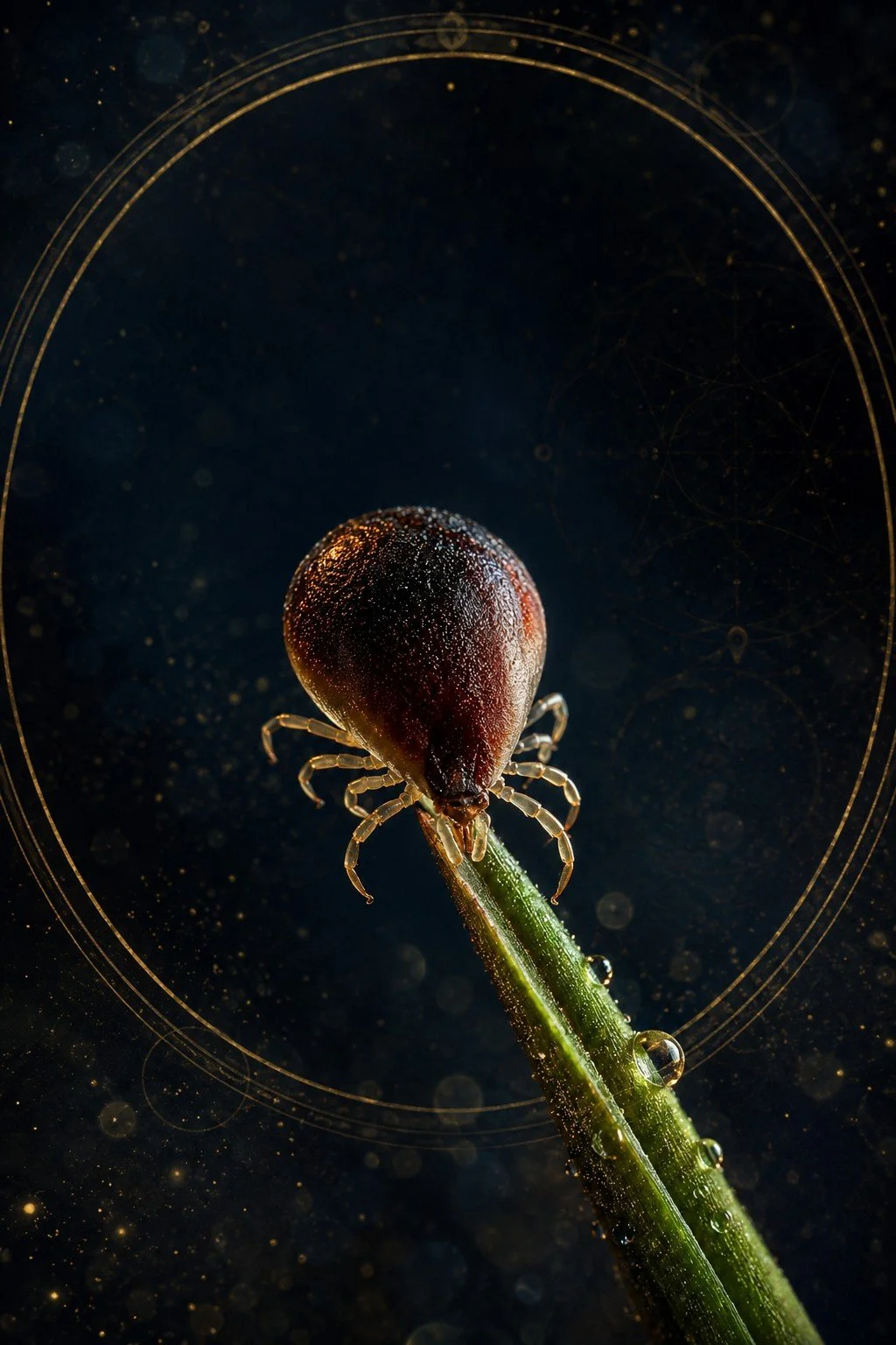 Extreme close-up of a tick on the tip of a grass blade against a dark, golden-lit background.