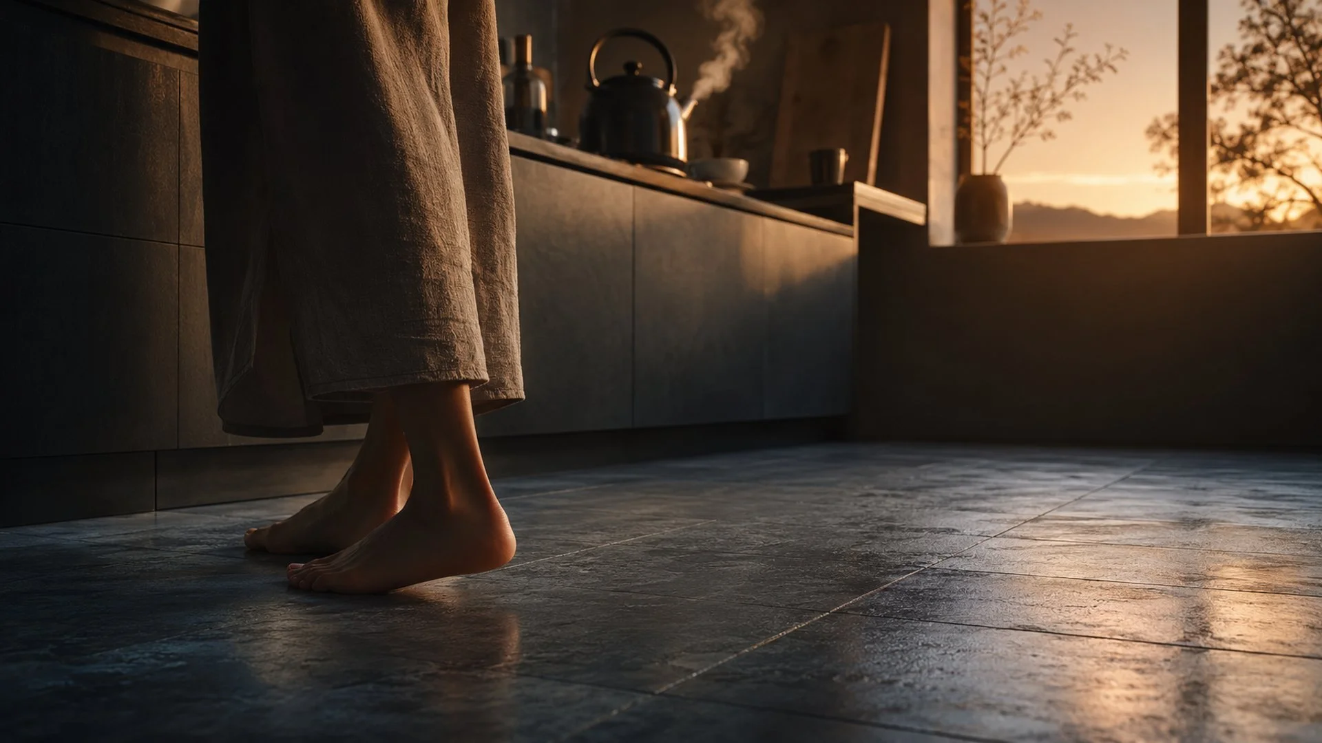 Kitchen bench at dusk with steam rising from a kettle beside a linen curtain and a window filled with fading golden light.