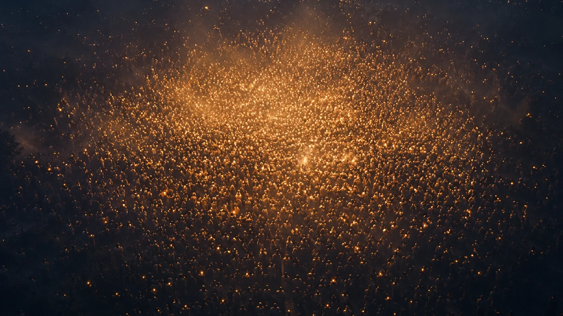 A crowd of people surrounded by golden light, representing shared energy fields in group healing