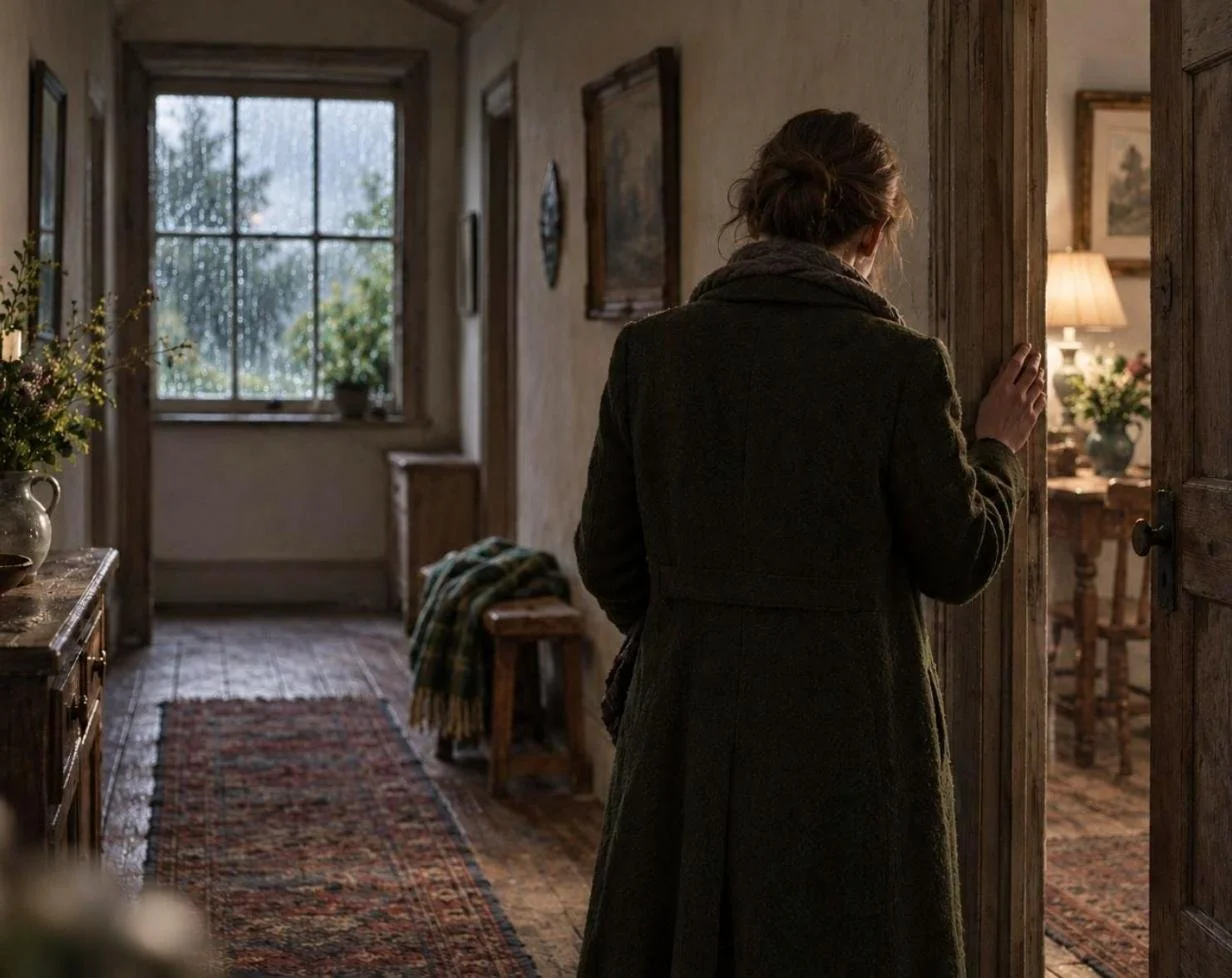 A woman in a dark wool coat stands at an open doorway in a dim country hallway, one hand on the frame, rain on the window behind her. The Pulse No. 2, grief and acupuncture, Mullumbimby.