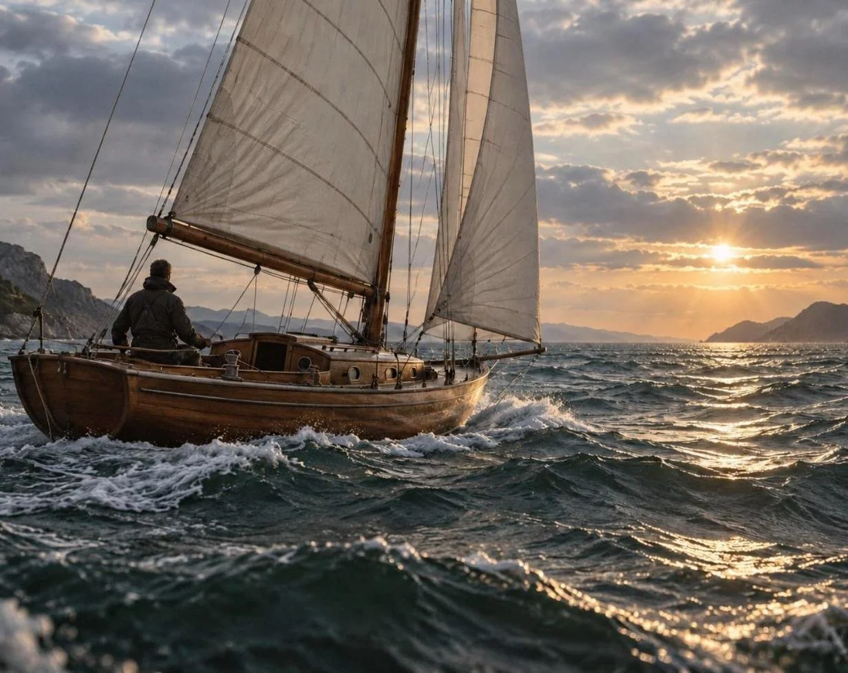 A man sails a wooden boat through rough grey green water at sunset, sails full and hull steady in the swell. The Pulse No. 5, more keel, not flatter waves.