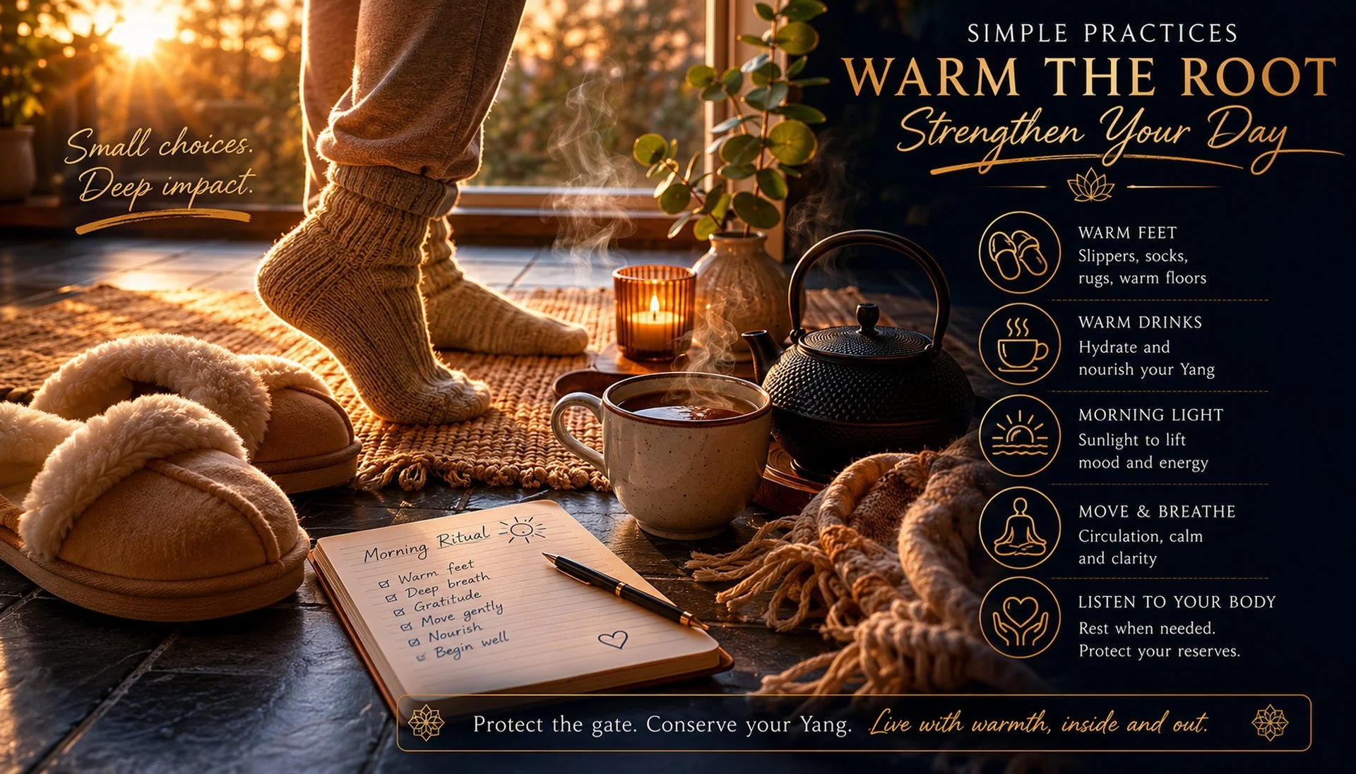 Infographic titled Warm the Root, Strengthen Your Day: five morning practices for protecting Yang, warm feet, warm drinks, morning light, movement and rest, beside slippers, tea and a journal.