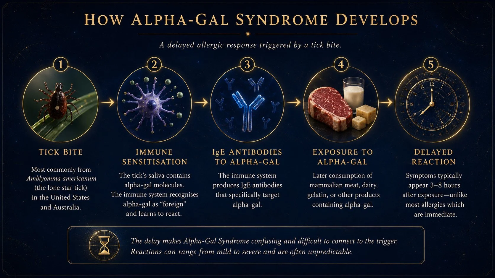 Infographic titled How Alpha-Gal Syndrome Develops, in five steps: tick bite, immune sensitisation, IgE antibodies to alpha-gal, exposure to alpha-gal in meat and dairy, and a delayed reaction three to eight hours later.