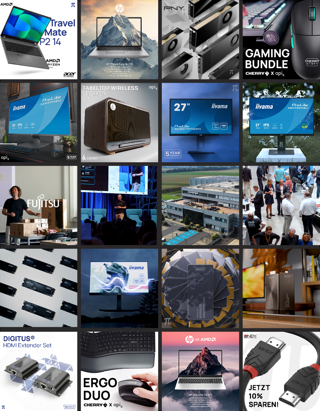 Bilder von Computern, technischen Geräten, einem Seminar, einer Messe, einem Büro und einem Treffen. Enthält Monitore, Laptops, Server, Drucker, Werkzeuge und eine Person bei einer Präsentation.