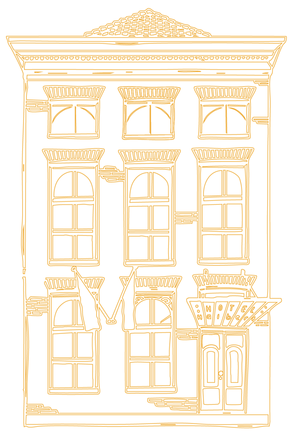 Illustration of the facade of Hotel Halbert Groningen in a golden-yellow line drawing