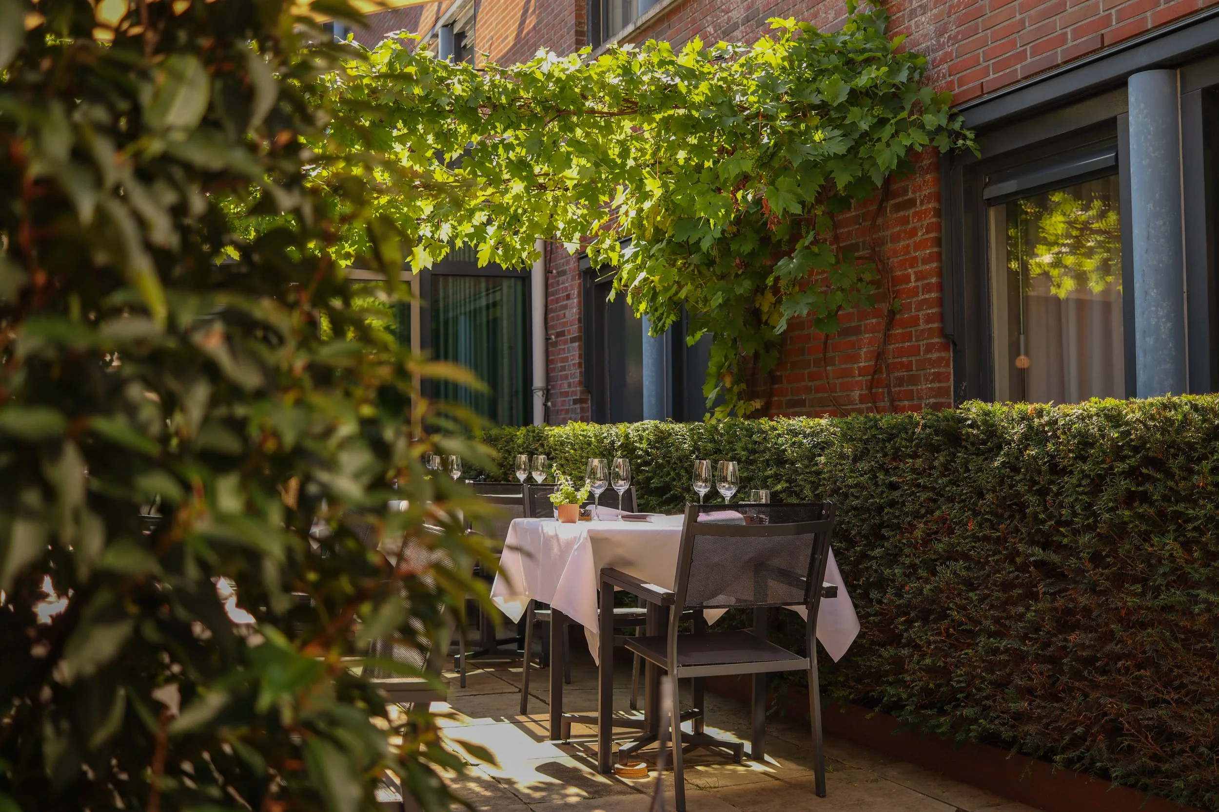 An outdoor patio with a set dining table covered with a white tablecloth, six wine glasses, and a small potted plant, surrounded by green shrubs and filtered sunlight through leafy trees, against a brick wall with windows.