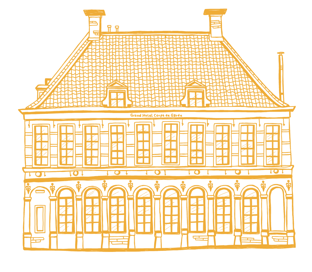 A detailed line drawing of the front of a historic multi-story building with a steep hipped roof and multiple chimneys, labeled "Grand Hotel, Court de Gatte," with ornate window frames and arched entrances on the ground floor.