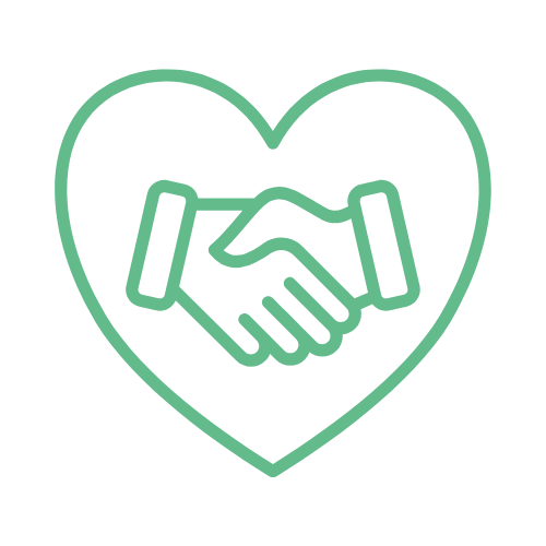 Outline of a heart with two hands shaking inside it.