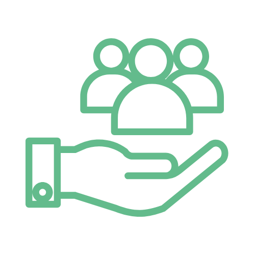 A green outline icon of a hand holding a group of three people.