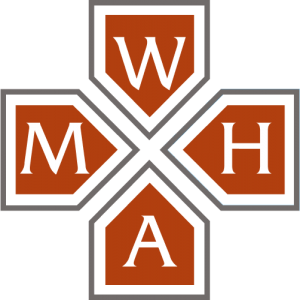 A logo with four overlapping shields arranged in a cross pattern, each featuring a letter: M, W, H, and A, on a dark background.