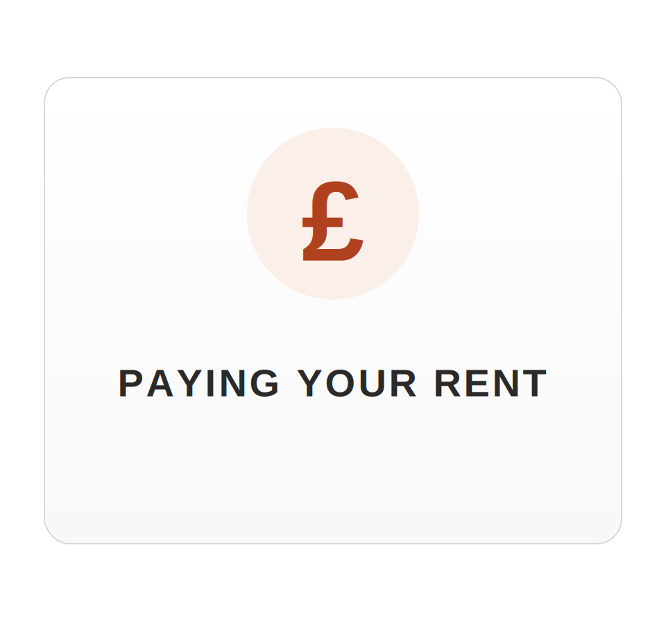 Icon of a British pound sign (£) above the text 'Paying Your Rent'.