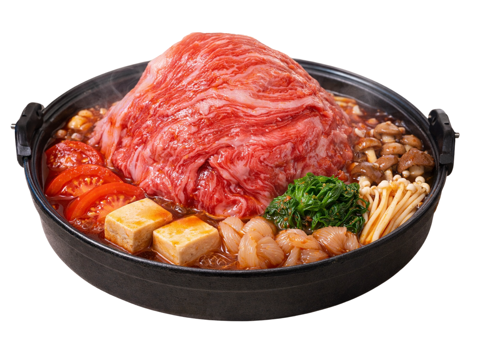 A signature A5 Wagyu Spicy Tomato ‘Mountain’ Sukiyaki pot at SukiyakiJIN Shaw Centre, featuring a towering stack of premium Japanese beef, fresh vegetables, and silken tofu in a rich tomato broth.