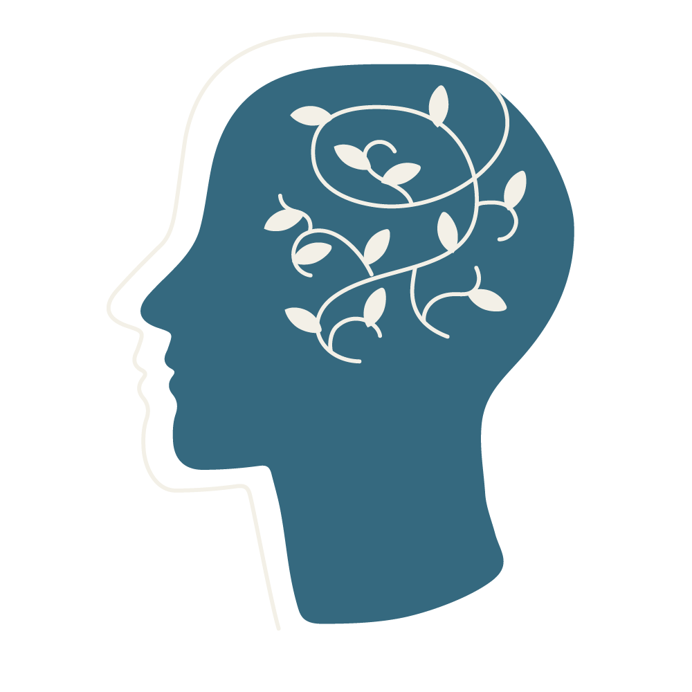 Ein stilisiertes Kopfprofil mit einem Baum oder Pflanzen, die die Gedanken oder das Gehirn symbolisieren.